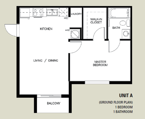 Floor plan for 1 bed, 1 bath, 630 sqft